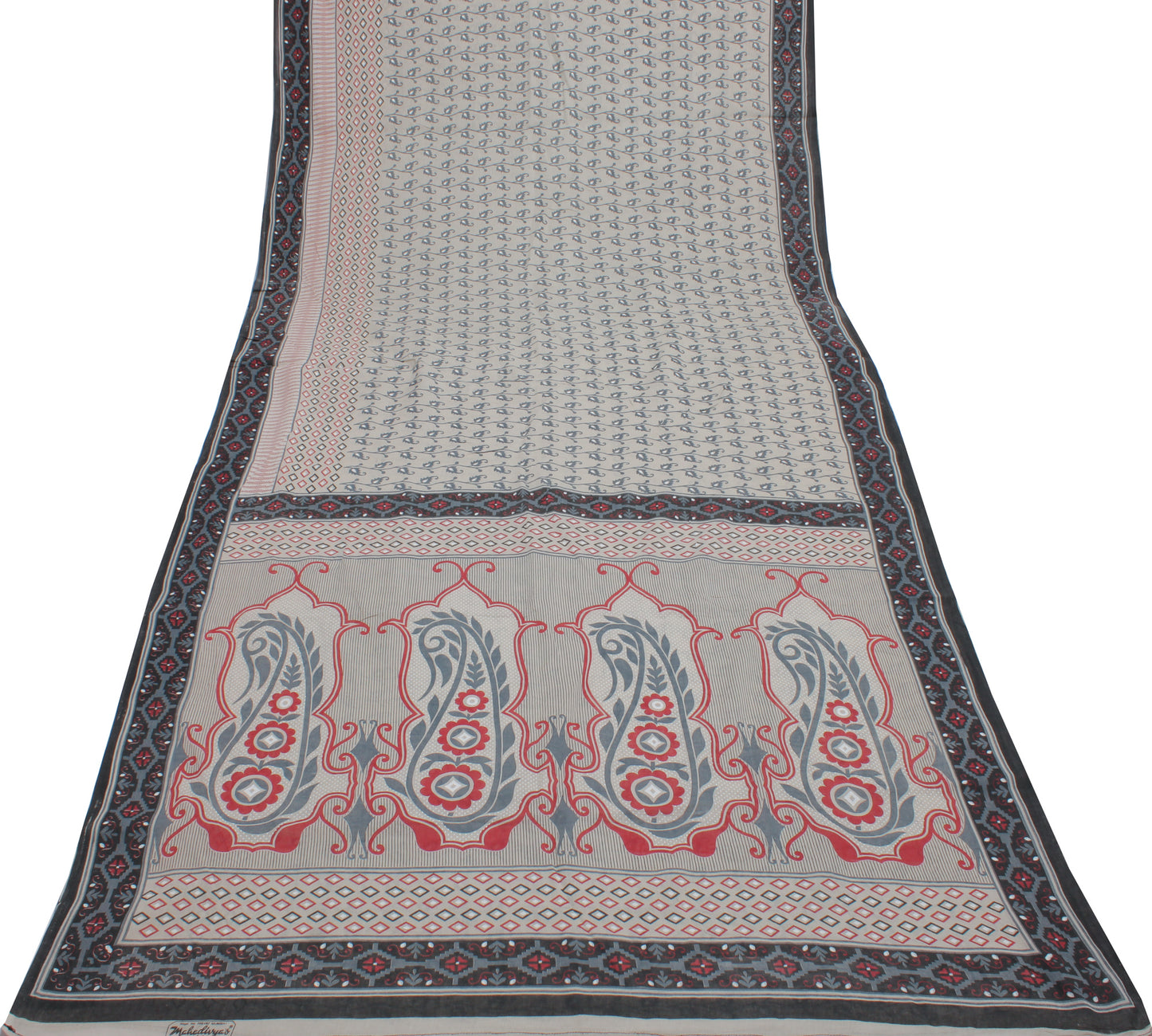 Sushila Vintage Gray Saree 100% Pure Cotton Printed Floral Soft Craft Fabric