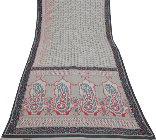 Sushila Vintage Gray Saree 100% Pure Cotton Printed Floral Soft Craft Fabric