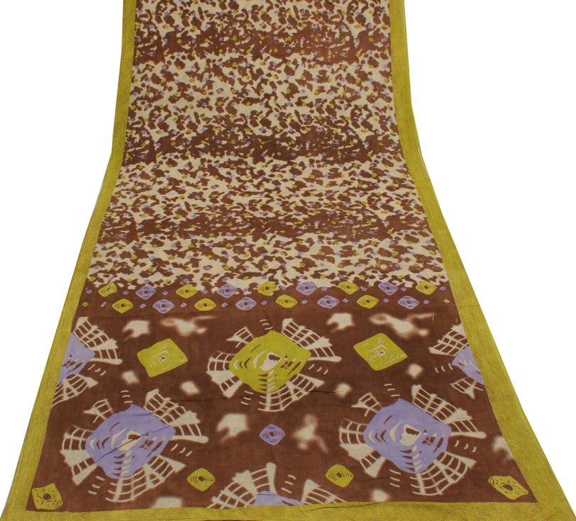 Sushila Vintage Cream Indian Saree 100% Pure Cotton Printed Soft Craft Fabric