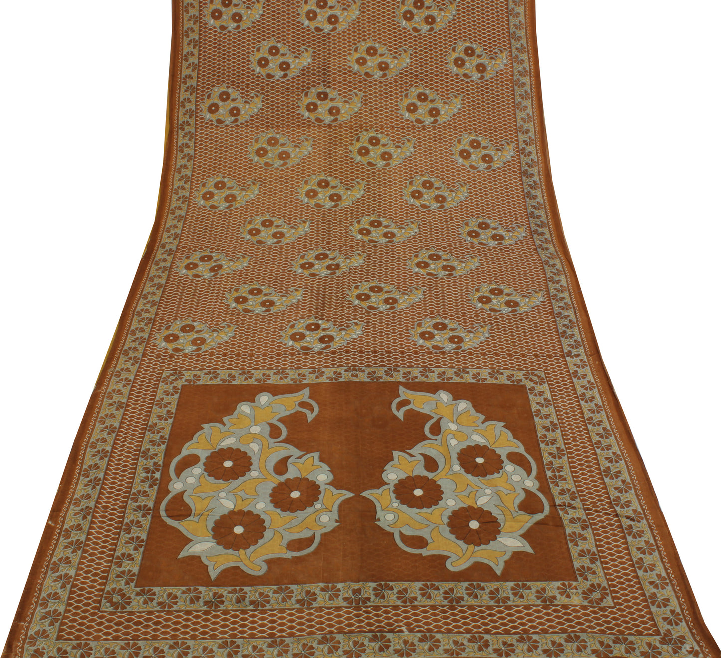 Sushila Vintage Brown Saree 100% Pure Cotton Printed Floral Soft Craft Fabric