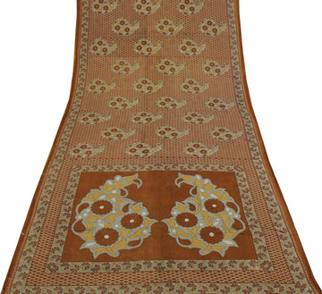 Sushila Vintage Brown Saree 100% Pure Cotton Printed Floral Soft Craft Fabric