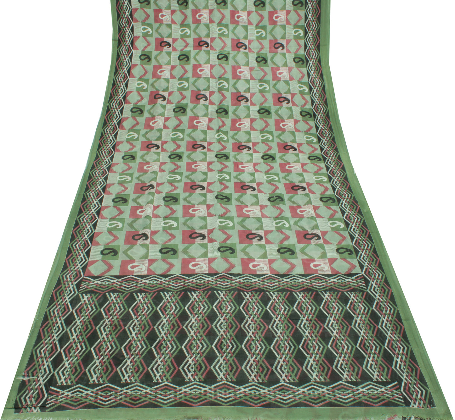 Sushila Vintage Green Saree 100% Pure Cotton Printed Paisley Soft Craft Fabric