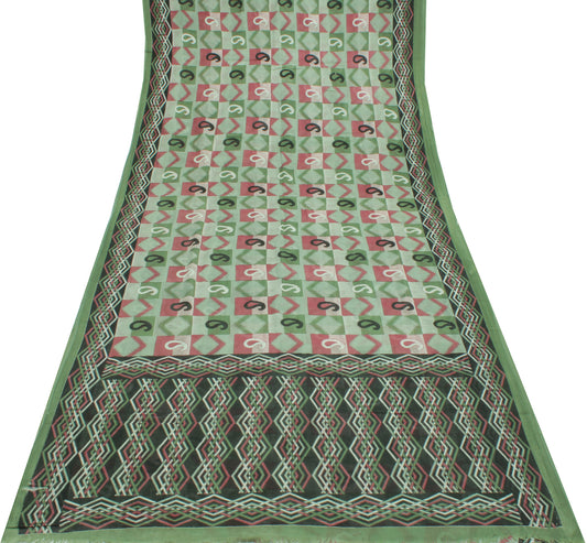 Sushila Vintage Green Saree 100% Pure Cotton Printed Paisley Soft Craft Fabric