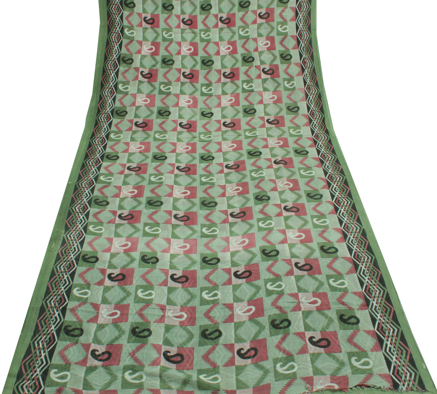 Sushila Vintage Green Saree 100% Pure Cotton Printed Paisley Soft Craft Fabric