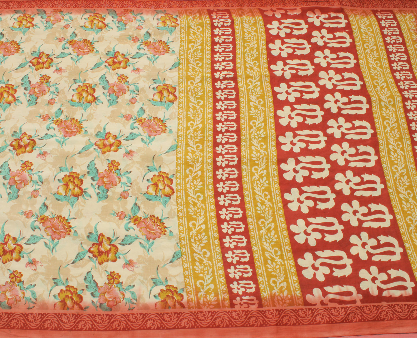 Sushila Vintage Cream Saree 100% Pure Cotton Printed Floral Soft Craft Fabric