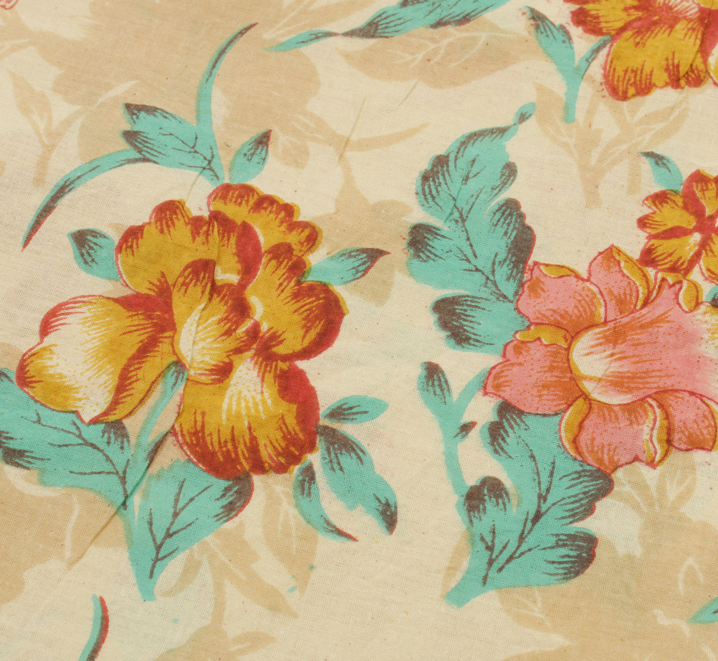 Sushila Vintage Cream Saree 100% Pure Cotton Printed Floral Soft Craft Fabric