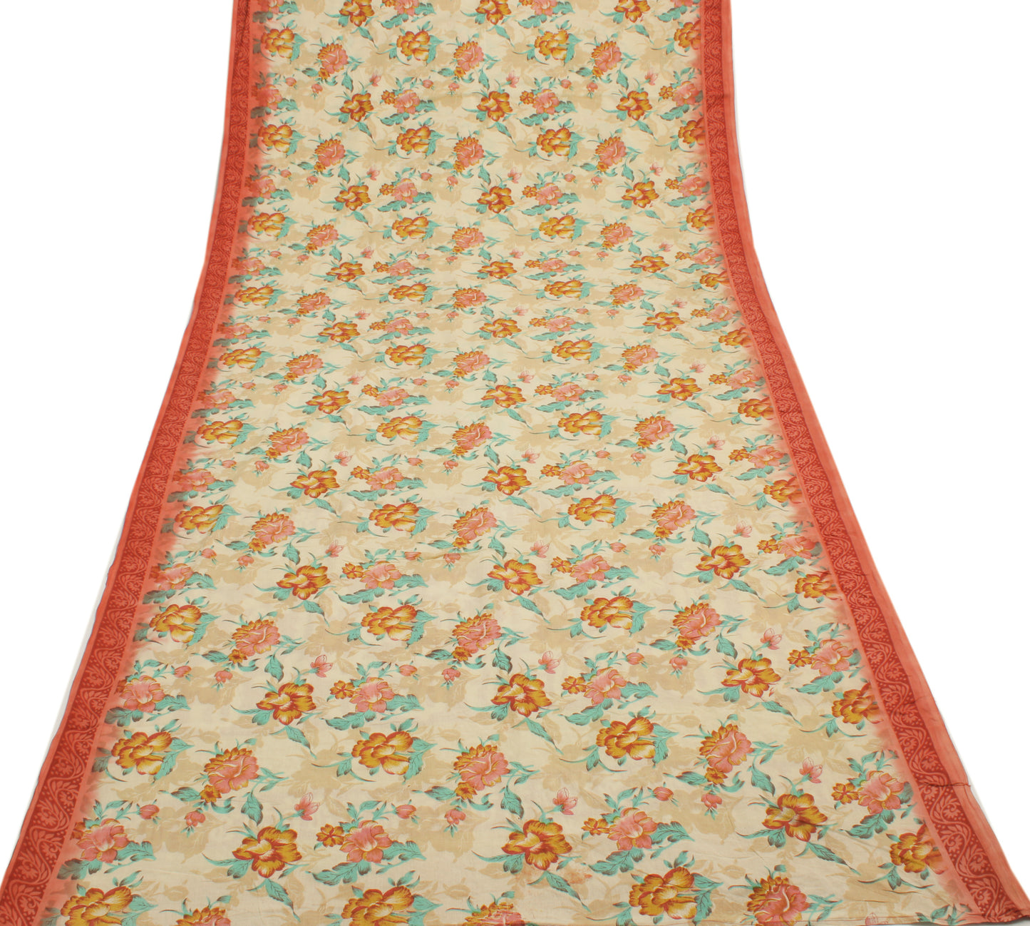 Sushila Vintage Cream Saree 100% Pure Cotton Printed Floral Soft Craft Fabric