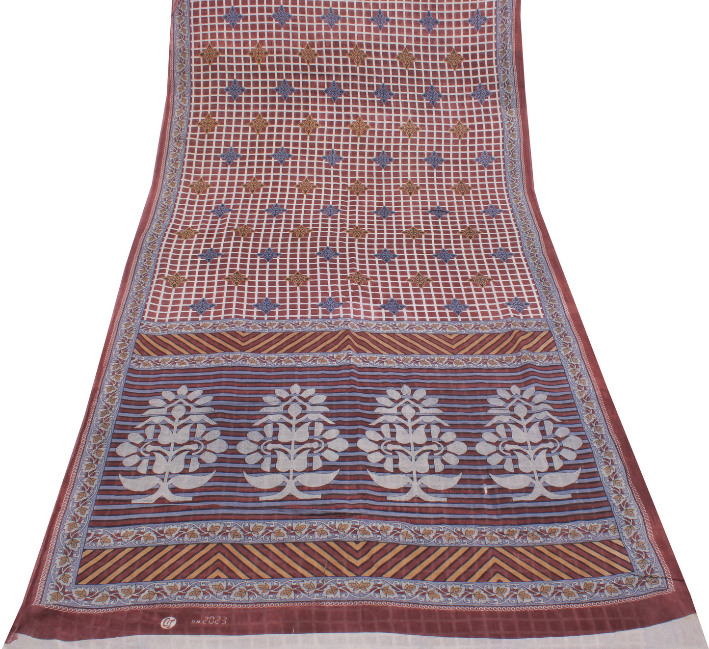 Sushila Vintage Brown Saree 100% Pure Cotton Printed Check Soft Craft Fabric