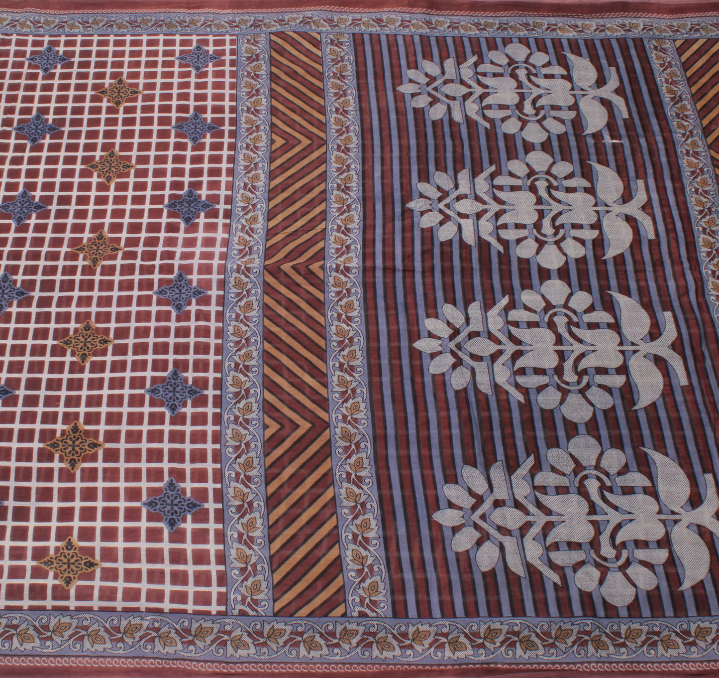 Sushila Vintage Brown Saree 100% Pure Cotton Printed Check Soft Craft Fabric