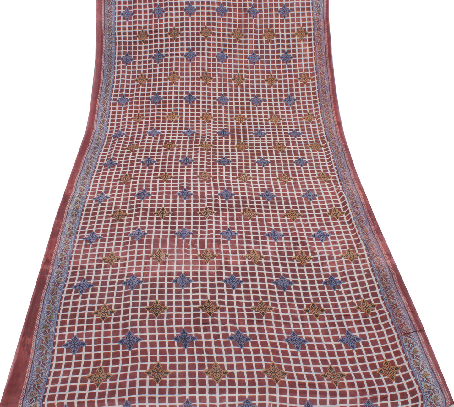 Sushila Vintage Brown Saree 100% Pure Cotton Printed Check Soft Craft Fabric
