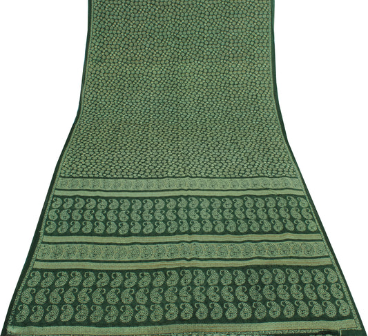 Sushila Vintage Green Indian Saree 100% Pure Cotton Printed Floral Craft Fabric