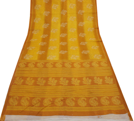 Sushila Vintage Mustard Saree 100% Pure Cotton Printed Floral Soft Craft Fabric