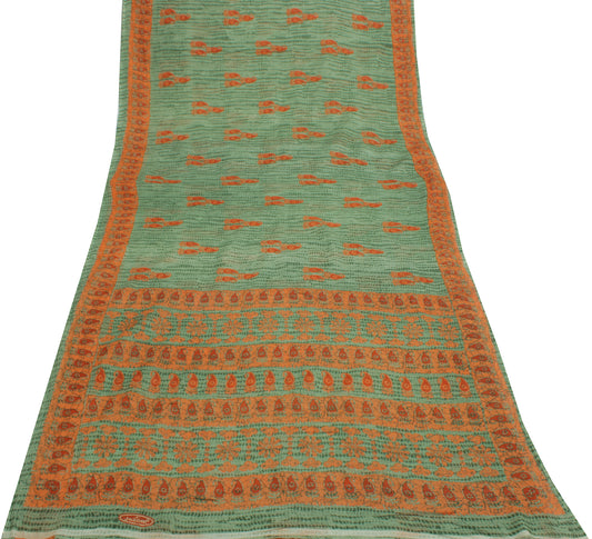 Sushila Vintage Green Saree 100% Pure Cotton Printed Floral Craft Sari Fabric