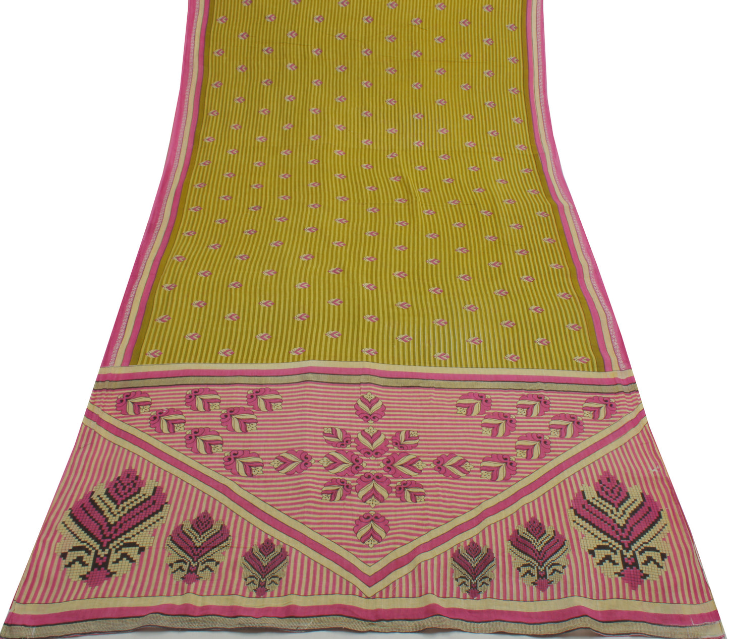 Sushila Vintage Green Saree 100% Pure Cotton Printed Stripes Soft Craft Fabric