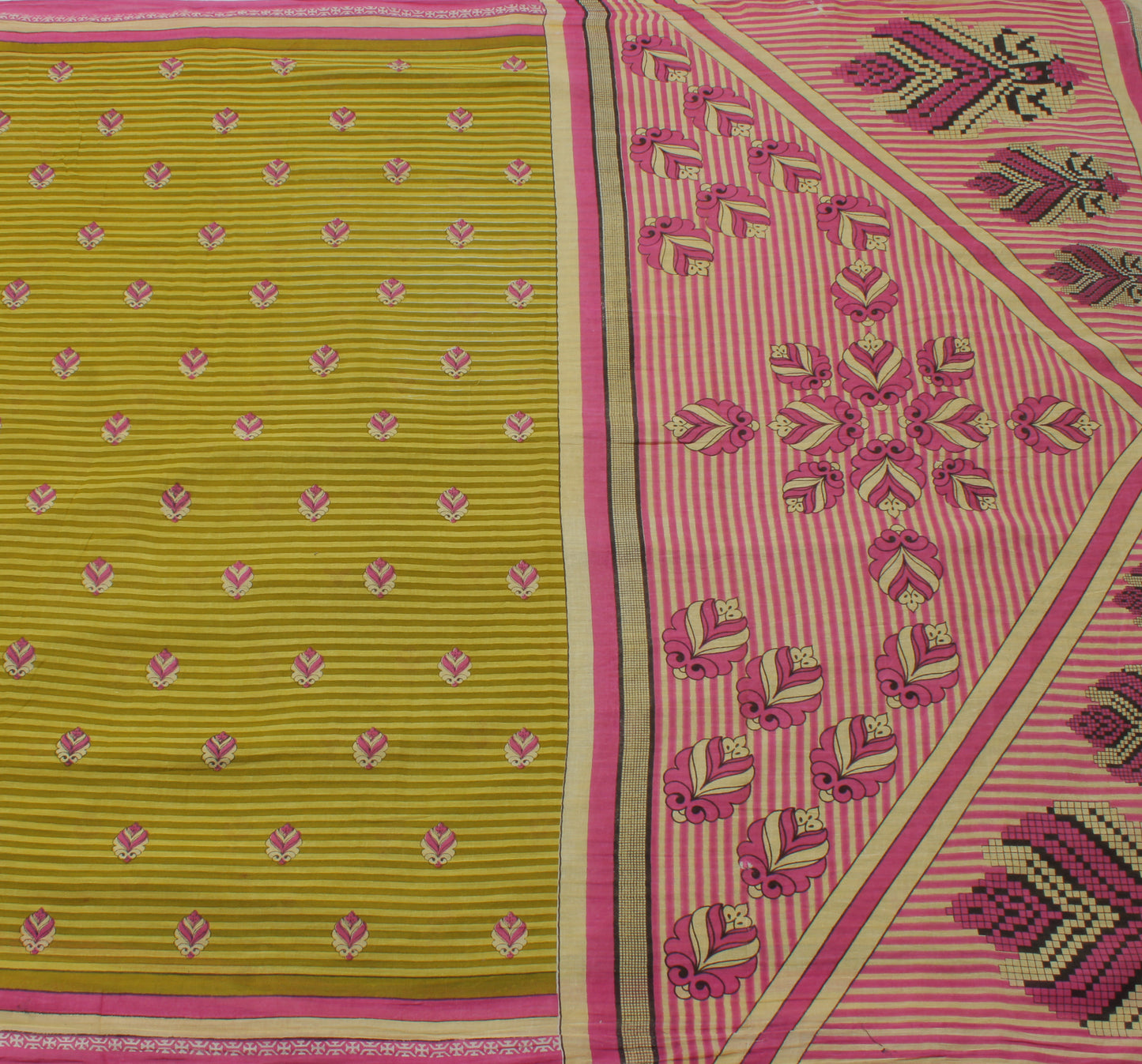 Sushila Vintage Green Saree 100% Pure Cotton Printed Stripes Soft Craft Fabric