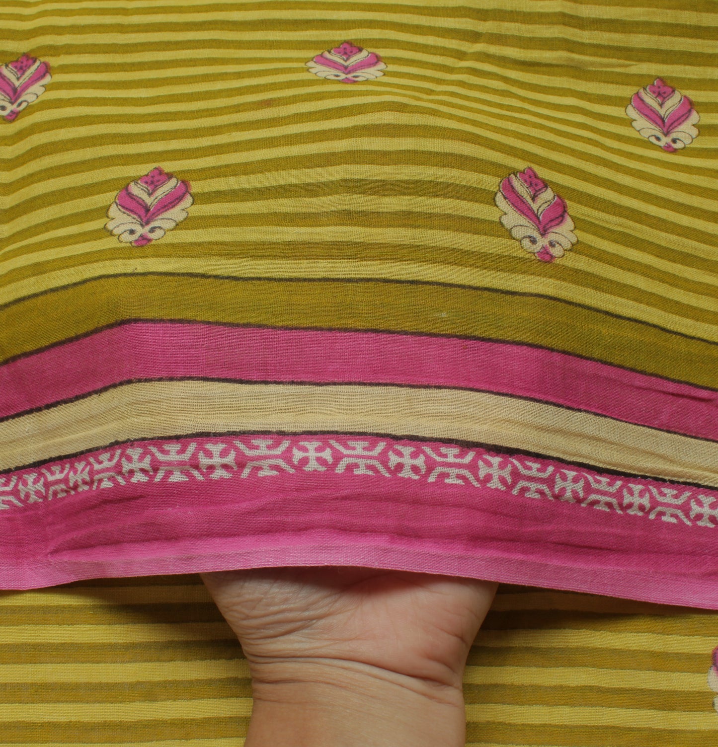 Sushila Vintage Green Saree 100% Pure Cotton Printed Stripes Soft Craft Fabric