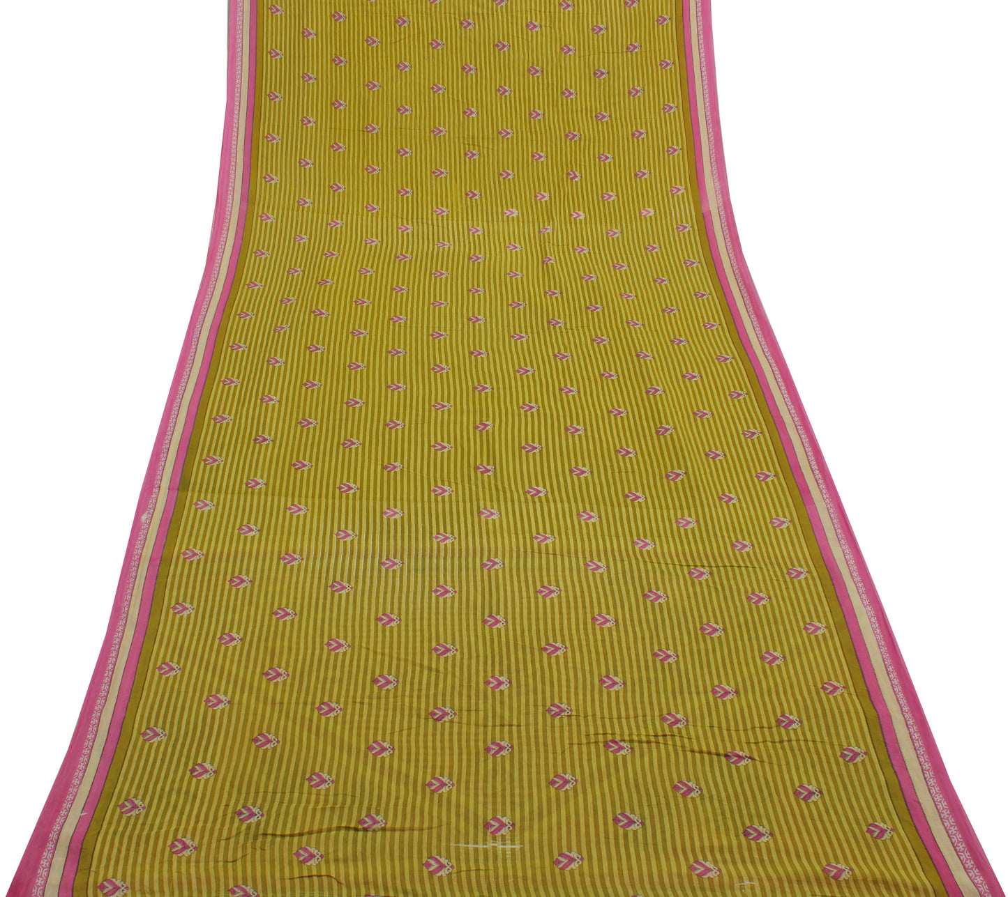Sushila Vintage Green Saree 100% Pure Cotton Printed Stripes Soft Craft Fabric