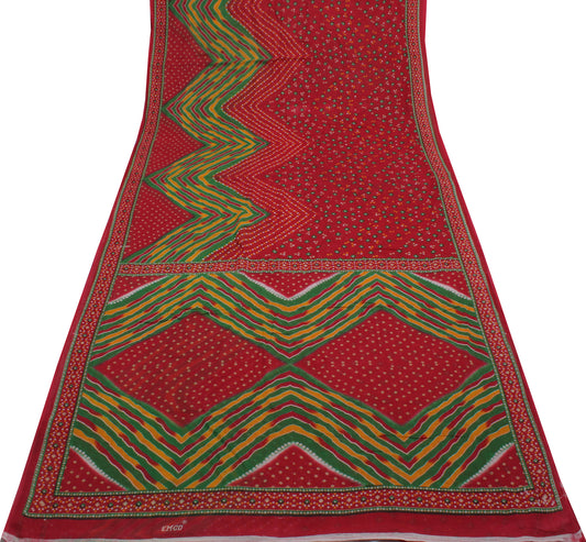 Sushila Vintage Red Saree 100% Pure Cotton Bandhani Printed Soft Craft Fabric