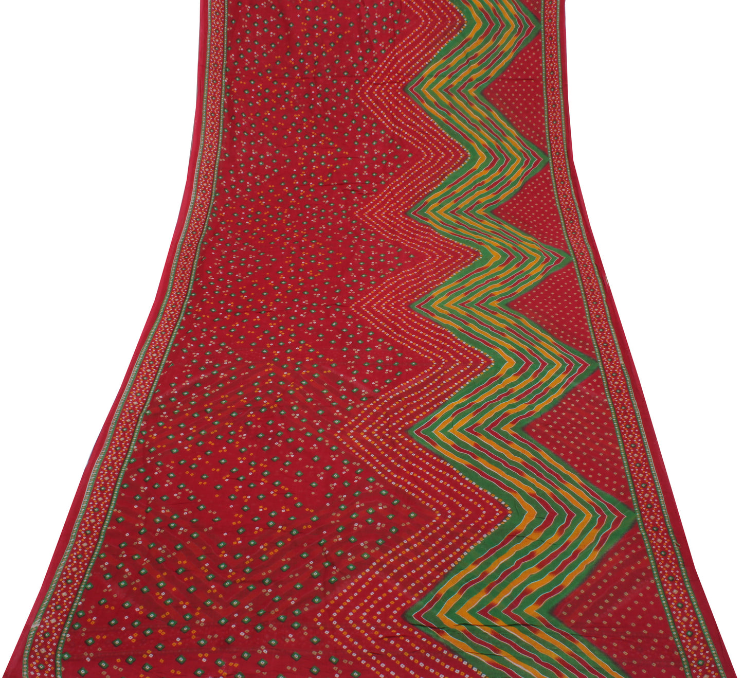 Sushila Vintage Red Saree 100% Pure Cotton Bandhani Printed Soft Craft Fabric