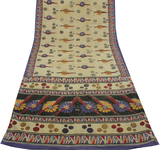 Sushila Vintage Cream Indian Saree 100% Pure Cotton Printed Soft Craft Fabric