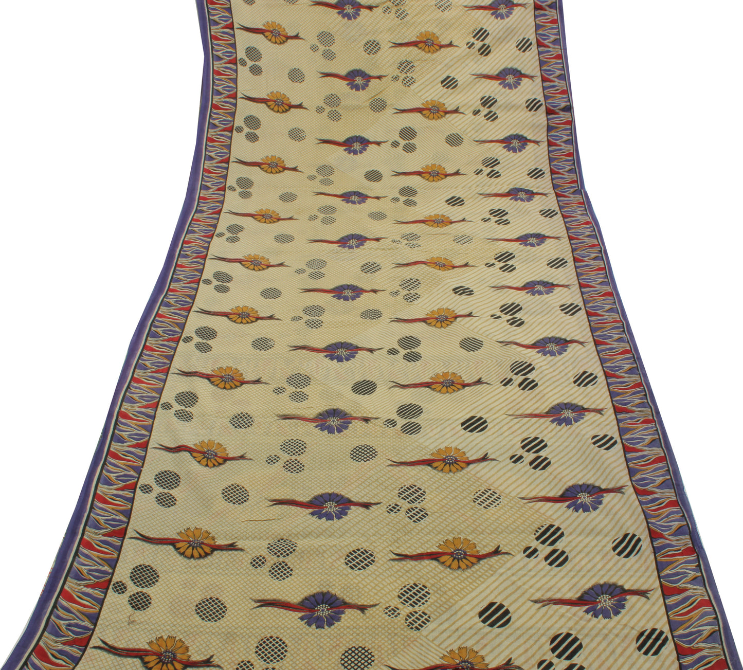 Sushila Vintage Cream Indian Saree 100% Pure Cotton Printed Soft Craft Fabric