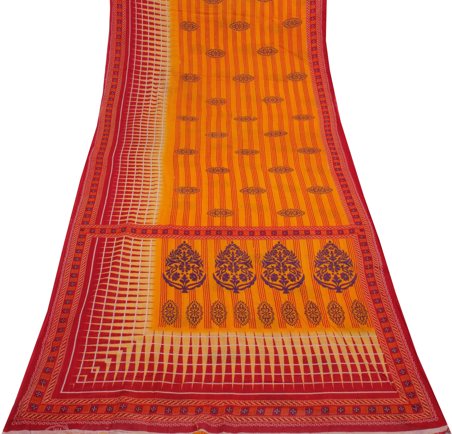 Sushila Vintage Orange Saree 100% Pure Cotton Printed Stripes Soft Craft Fabric