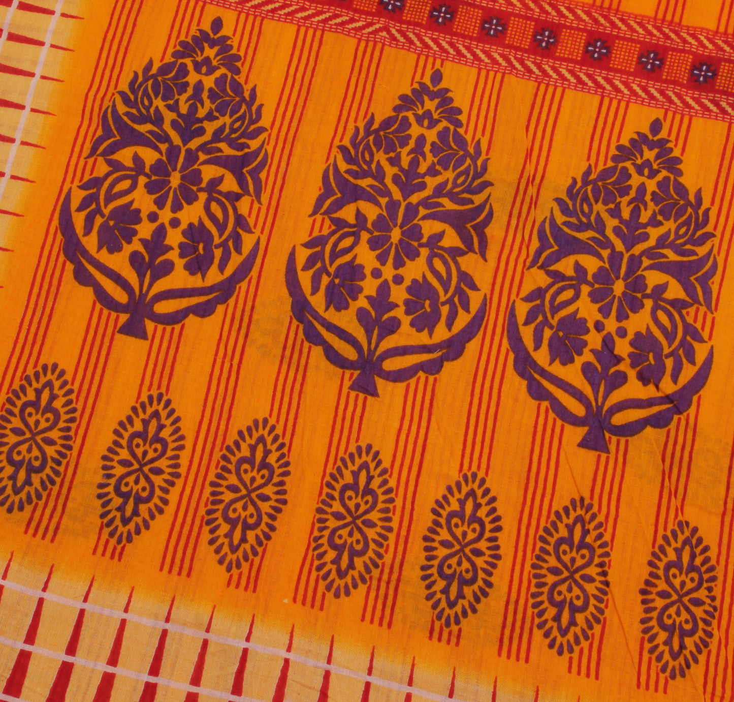 Sushila Vintage Orange Saree 100% Pure Cotton Printed Stripes Soft Craft Fabric