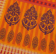 Sushila Vintage Orange Saree 100% Pure Cotton Printed Stripes Soft Craft Fabric