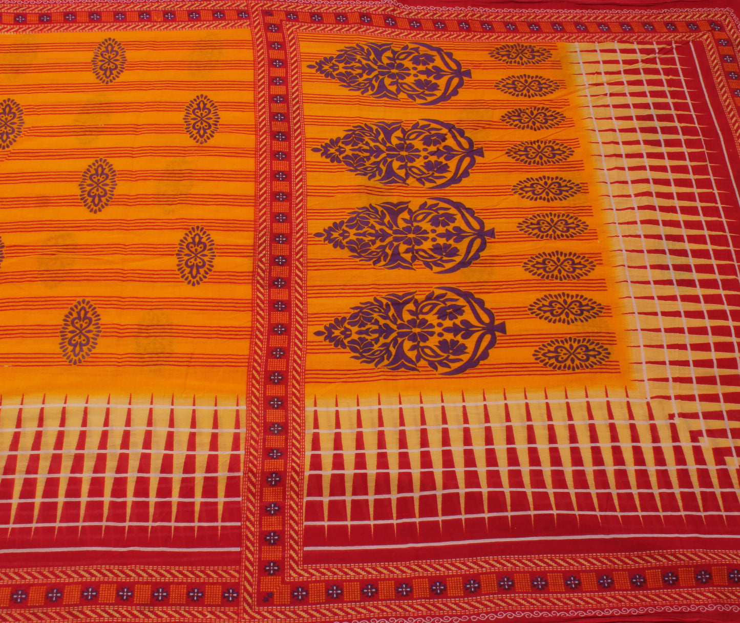 Sushila Vintage Orange Saree 100% Pure Cotton Printed Stripes Soft Craft Fabric