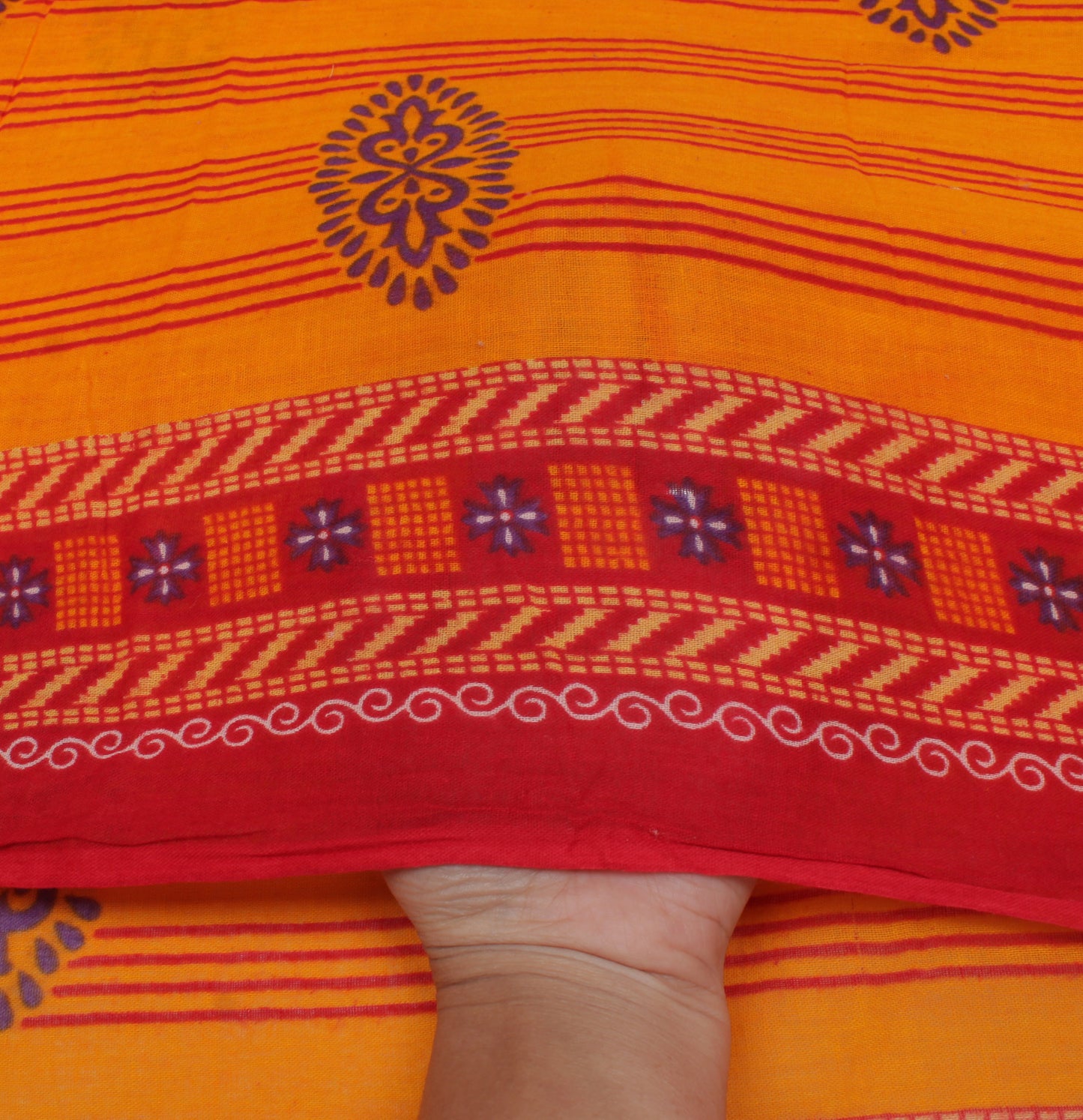 Sushila Vintage Orange Saree 100% Pure Cotton Printed Stripes Soft Craft Fabric