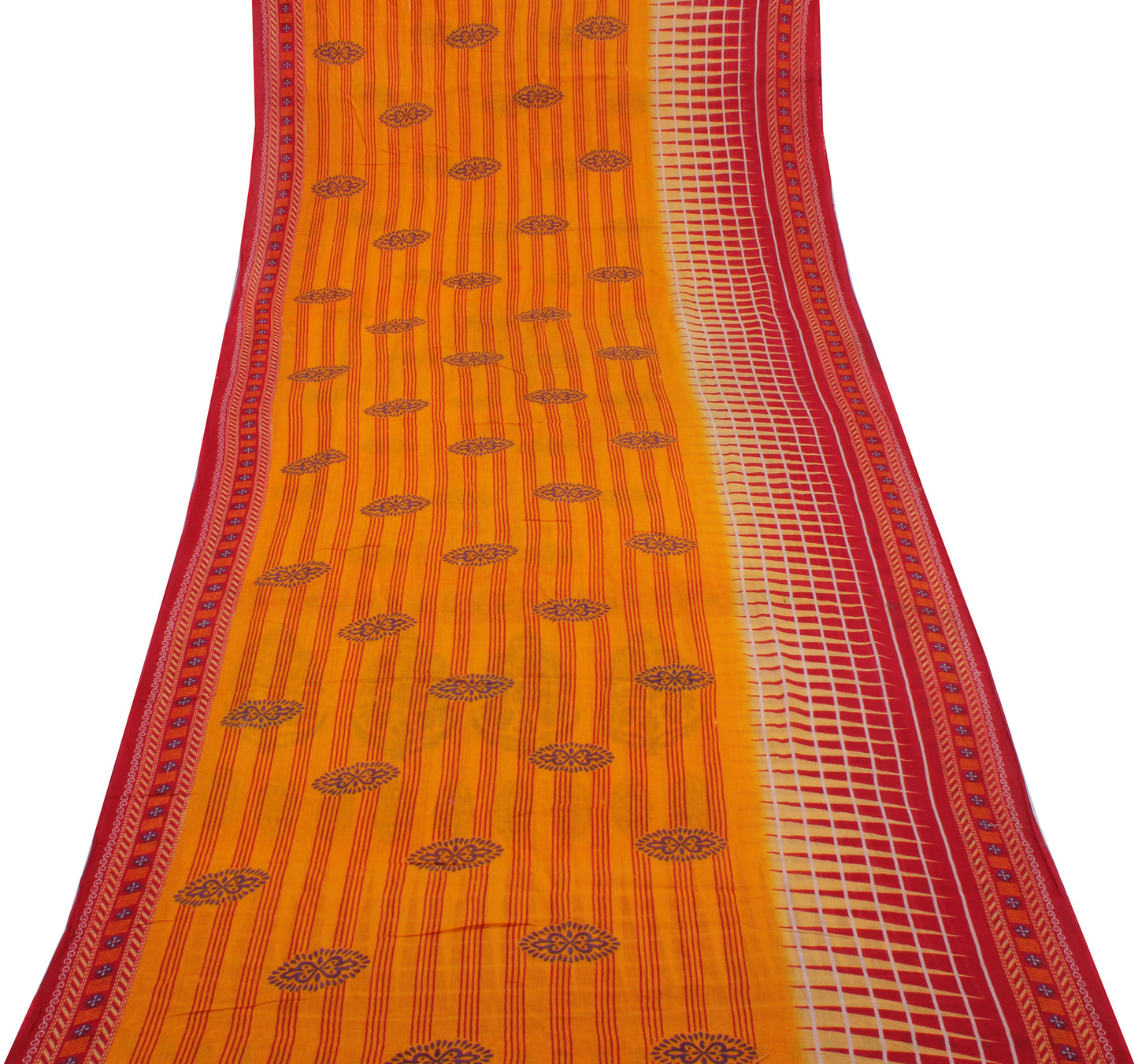 Sushila Vintage Orange Saree 100% Pure Cotton Printed Stripes Soft Craft Fabric