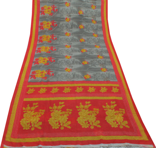 Sushila Vintage Gray Saree 100% Pure Cotton Printed Floral Soft Craft Fabric