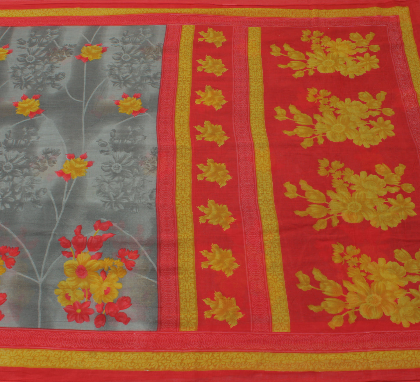 Sushila Vintage Gray Saree 100% Pure Cotton Printed Floral Soft Craft Fabric