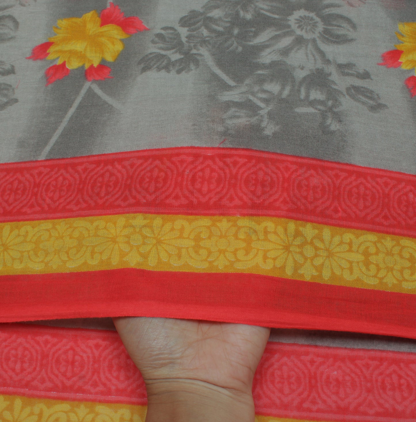 Sushila Vintage Gray Saree 100% Pure Cotton Printed Floral Soft Craft Fabric