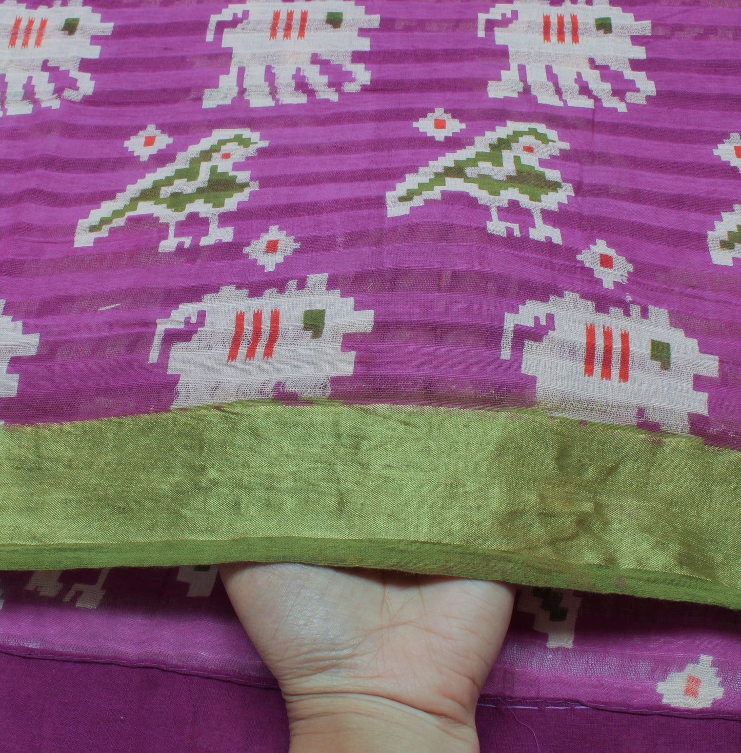 Sushila Vintage Purple Sari 100% Pure Cotton Printed Elephant Birds Craft Fabric