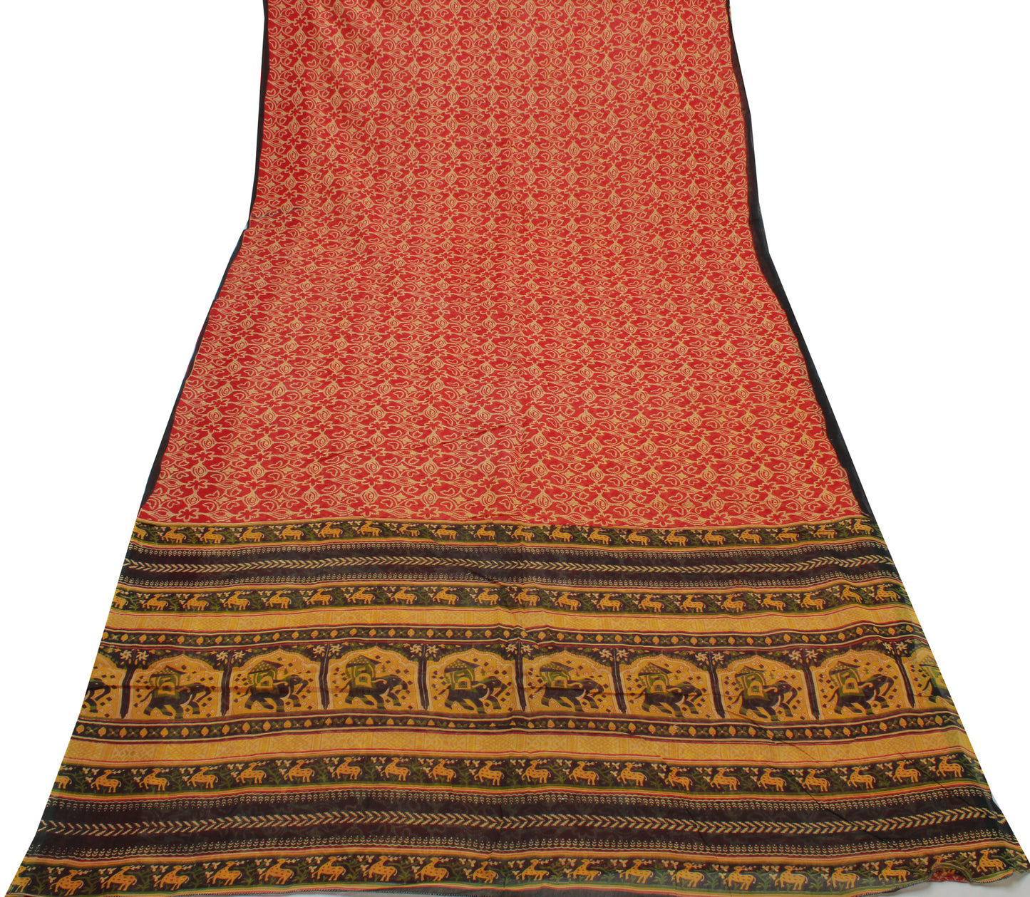 Sushila Vintage Red Saree 100% Pure Cotton Printed Floral Craft 5 Yard Fabric
