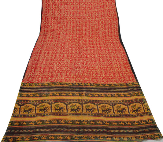 Sushila Vintage Red Saree 100% Pure Cotton Printed Floral Craft 5 Yard Fabric