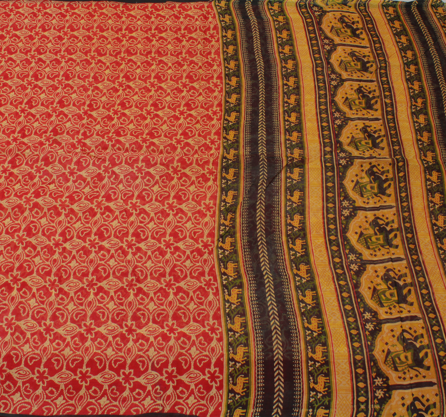 Sushila Vintage Red Saree 100% Pure Cotton Printed Floral Craft 5 Yard Fabric