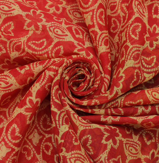 Sushila Vintage Red Saree 100% Pure Cotton Printed Floral Craft 5 Yard Fabric