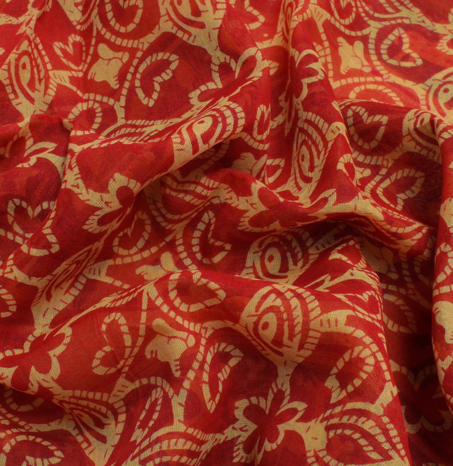 Sushila Vintage Red Saree 100% Pure Cotton Printed Floral Craft 5 Yard Fabric