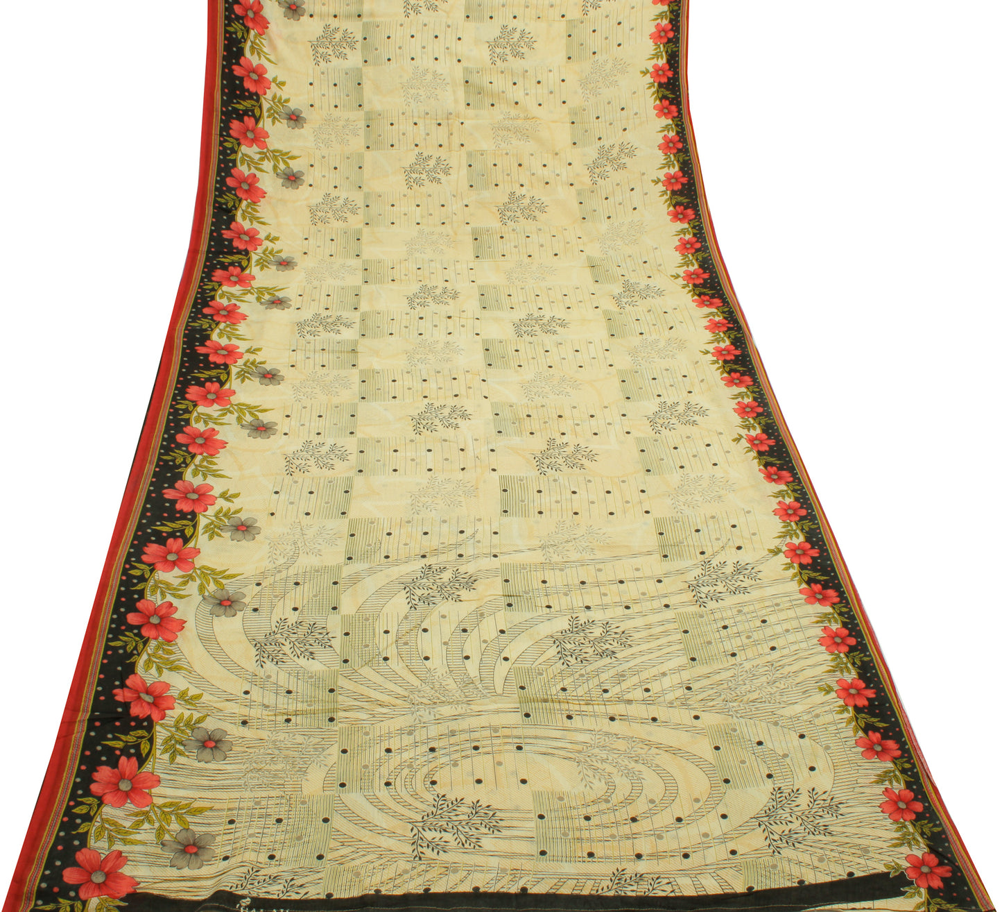 Sushila Vintage Cream Saree 100% Pure Cotton Printed Floral Soft Craft Fabric