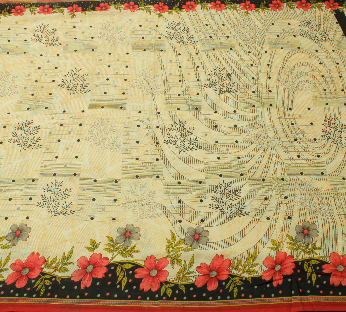 Sushila Vintage Cream Saree 100% Pure Cotton Printed Floral Soft Craft Fabric