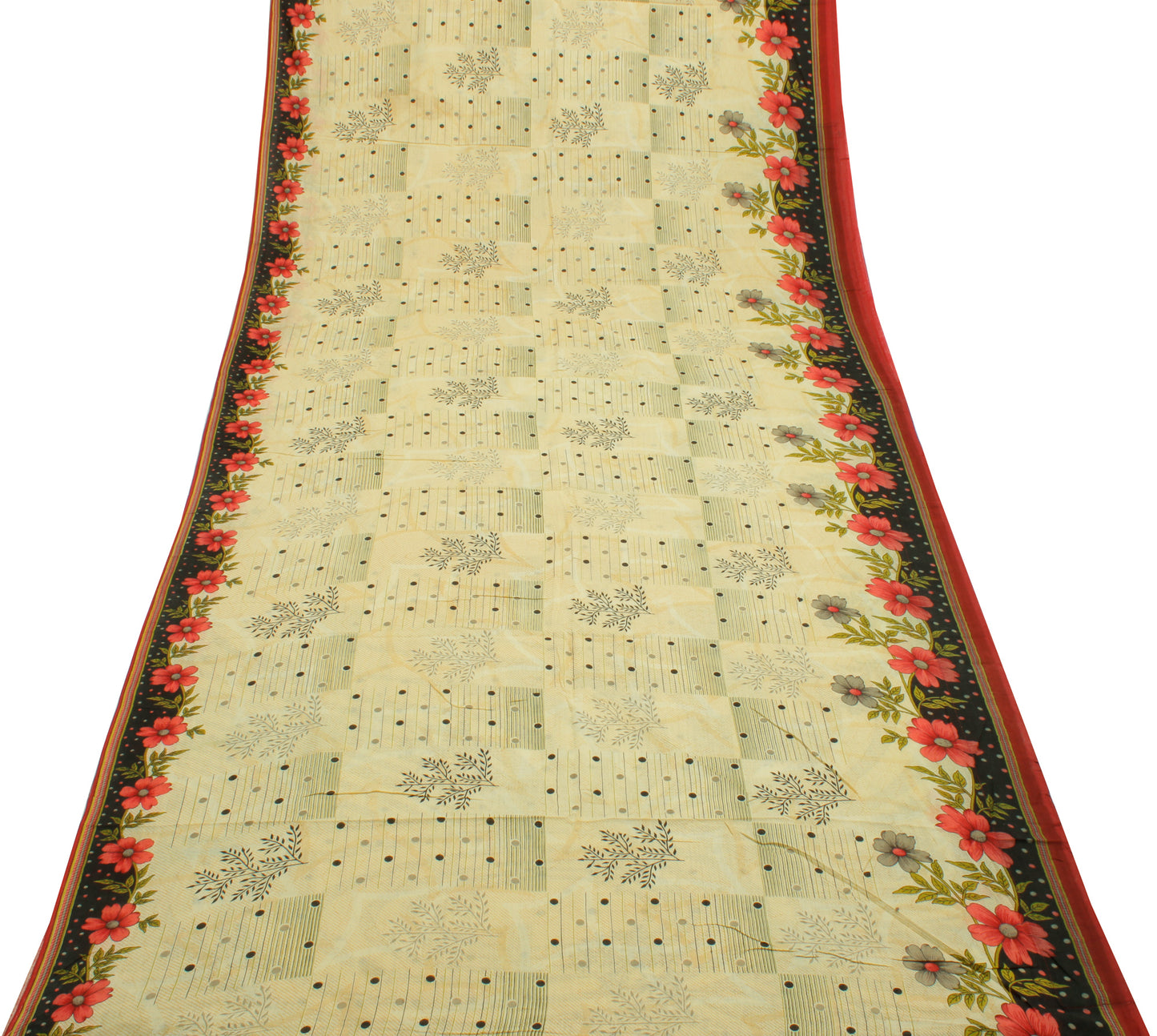 Sushila Vintage Cream Saree 100% Pure Cotton Printed Floral Soft Craft Fabric