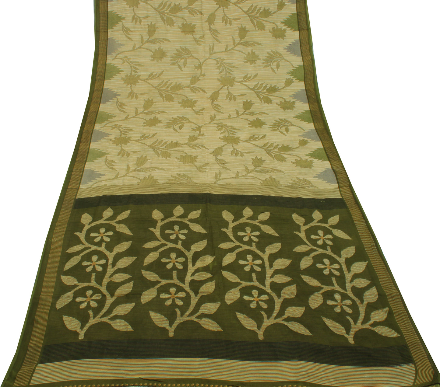 Sushila Vintage Green Saree 100% Pure Cotton Printed Floral Soft Craft Fabric