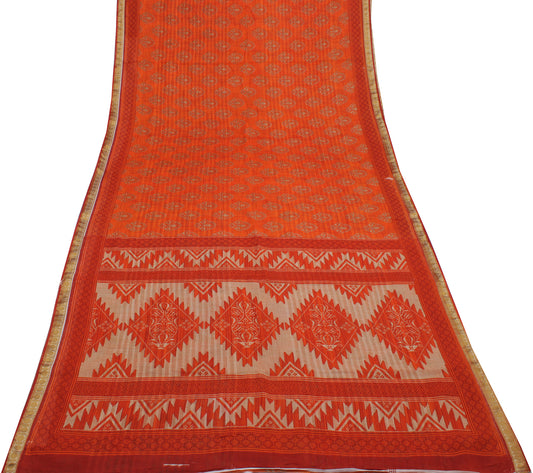 Sushila Vintage Orange Saree 100% Pure Cotton Printed Floral Soft Craft Fabric