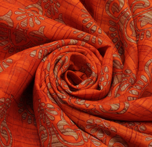 Sushila Vintage Orange Saree 100% Pure Cotton Printed Floral Soft Craft Fabric