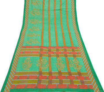 Sushila Vintage Green Saree 100% Pure Cotton Printed Floral Soft Craft Fabric