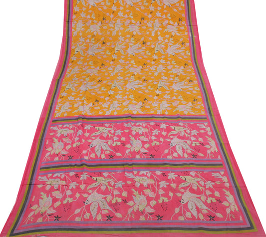 Sushila Vintage Yellow Saree 100% Pure Cotton Printed Birds Soft Craft Fabric