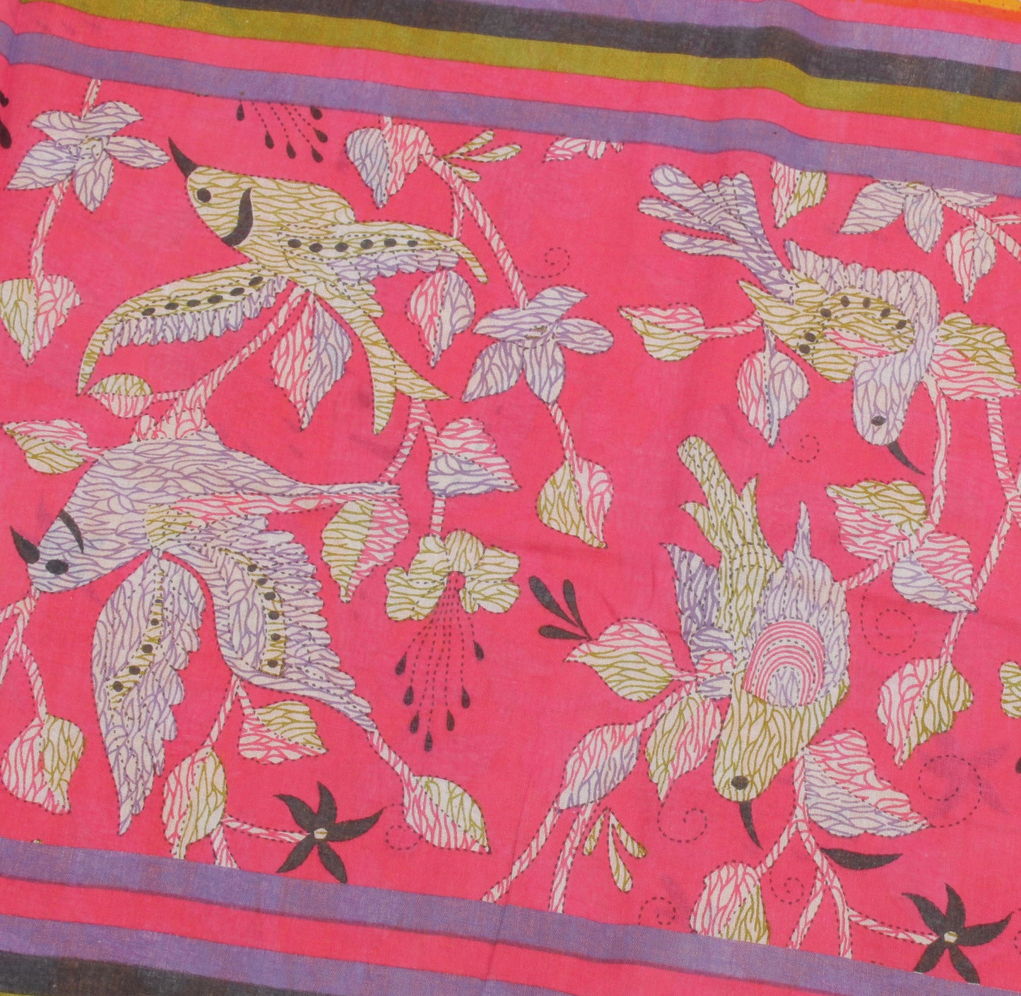 Sushila Vintage Yellow Saree 100% Pure Cotton Printed Birds Soft Craft Fabric