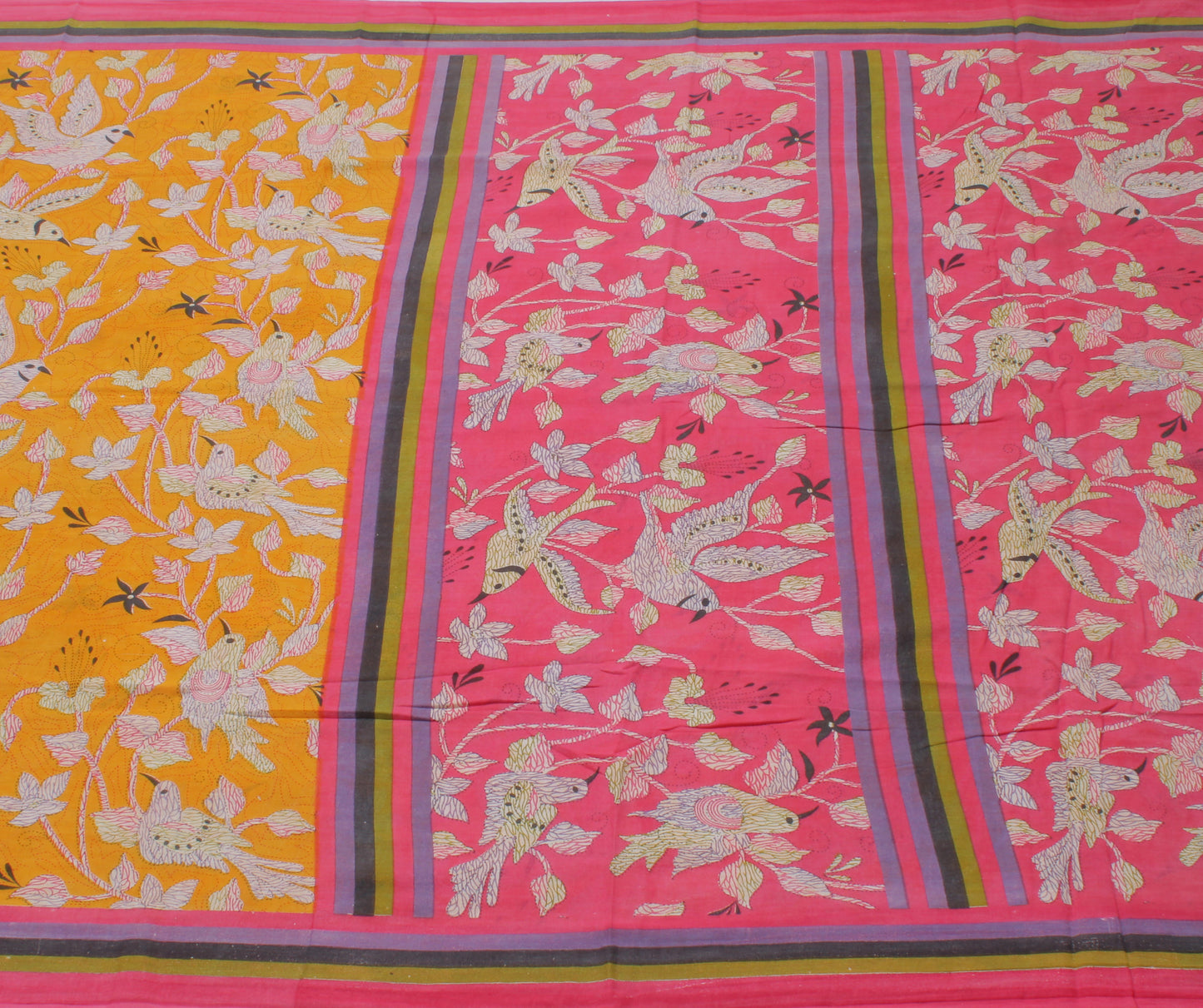 Sushila Vintage Yellow Saree 100% Pure Cotton Printed Birds Soft Craft Fabric